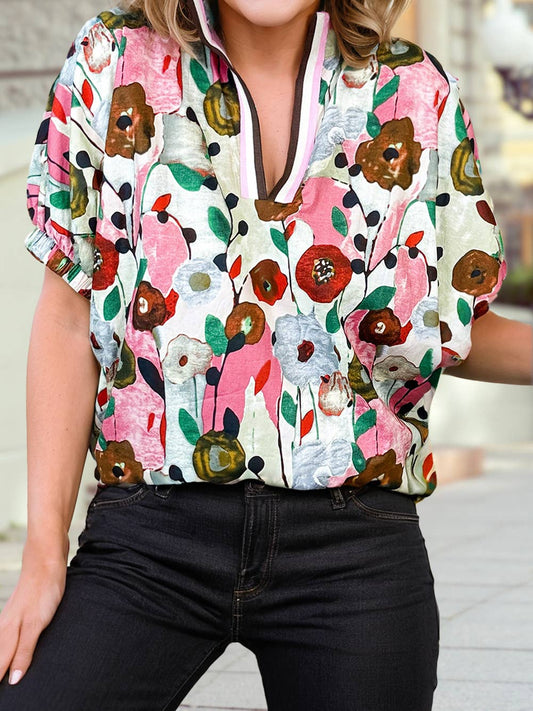 Floral Print Slit V Neck Short Sleeve Blouse