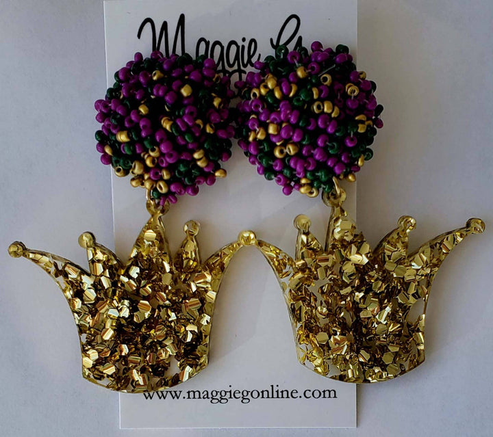 Mardi Gras Acrylic Crowns and Seed Bead Stud Earrings