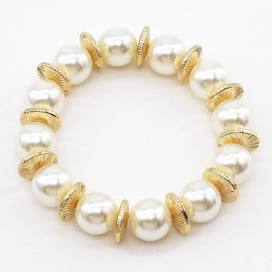 Pearl Beaded with Gold Flat Beaded Stretch Bracelet
