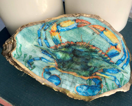 Decoupage Oyster Ring Dish--Blue Crab