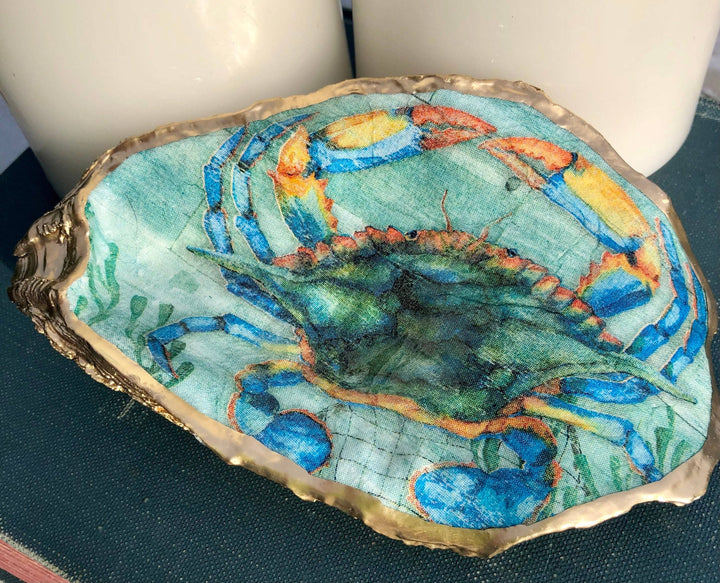 Decoupage Oyster Ring Dish--Blue Crab
