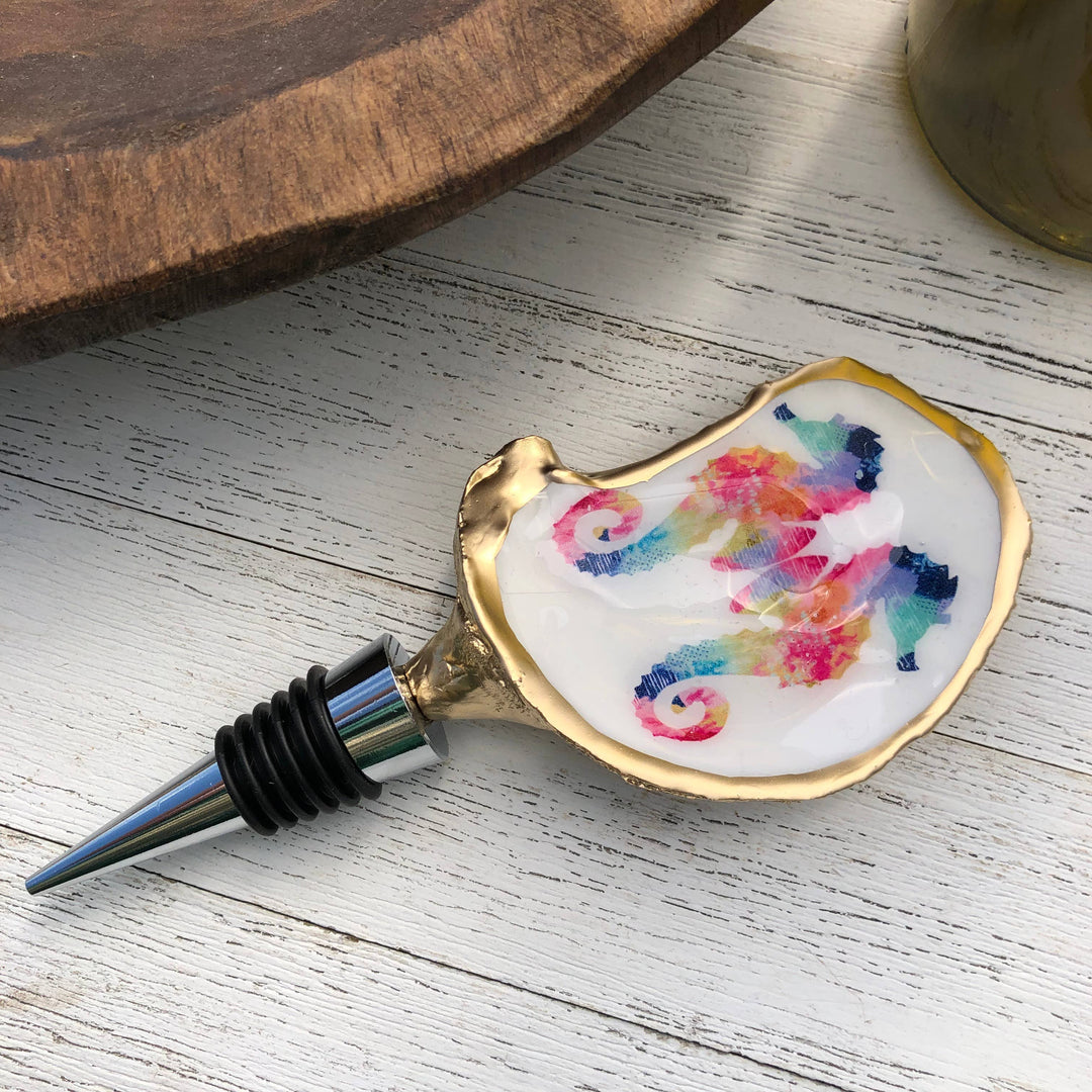 Oyster Shell Wine Stopper--Watercolor Seahorse