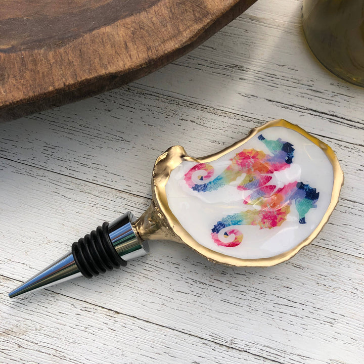 Oyster Shell Wine Stopper--Watercolor Seahorse