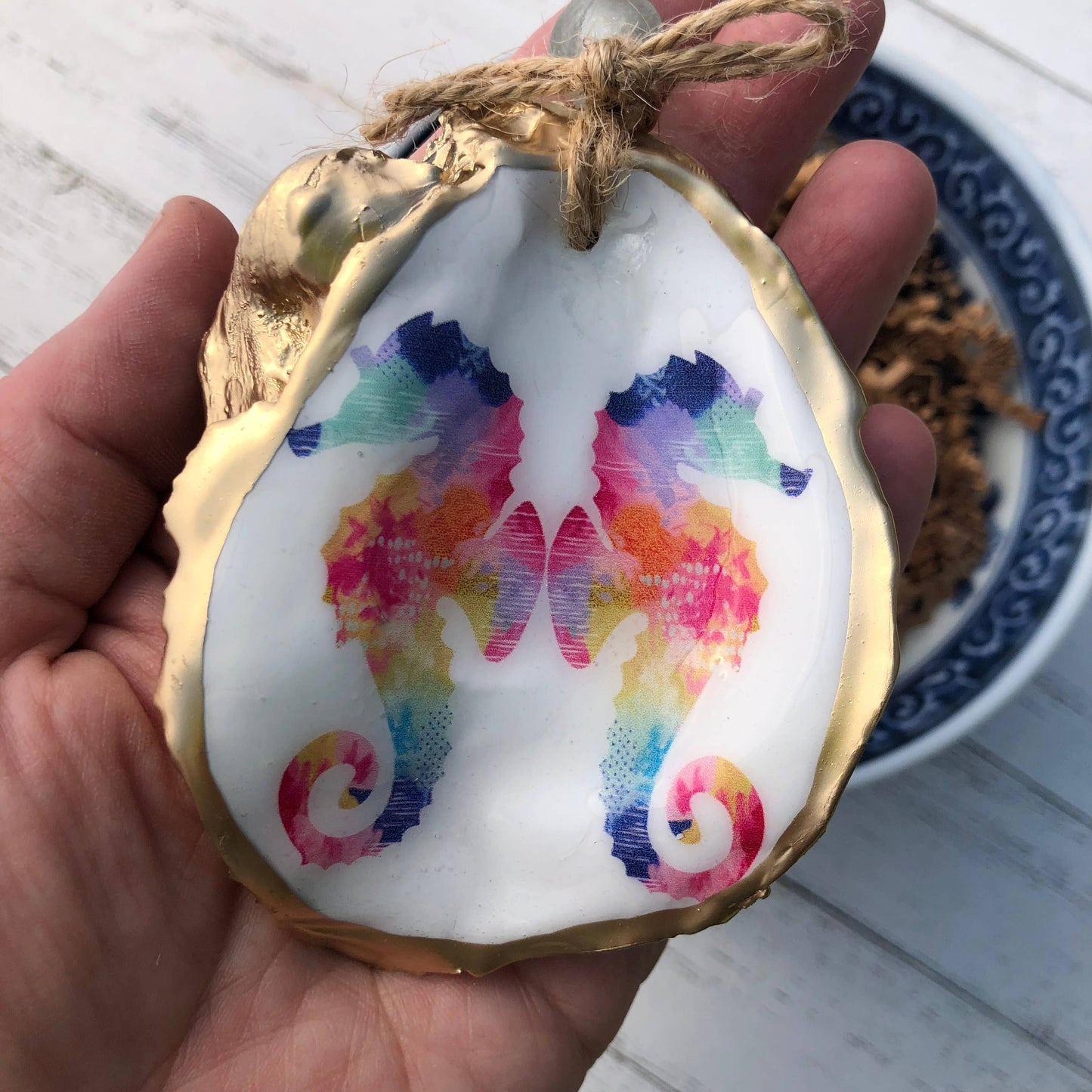 Decoupage Oyster Ornament | Watercolor Seahorse Print