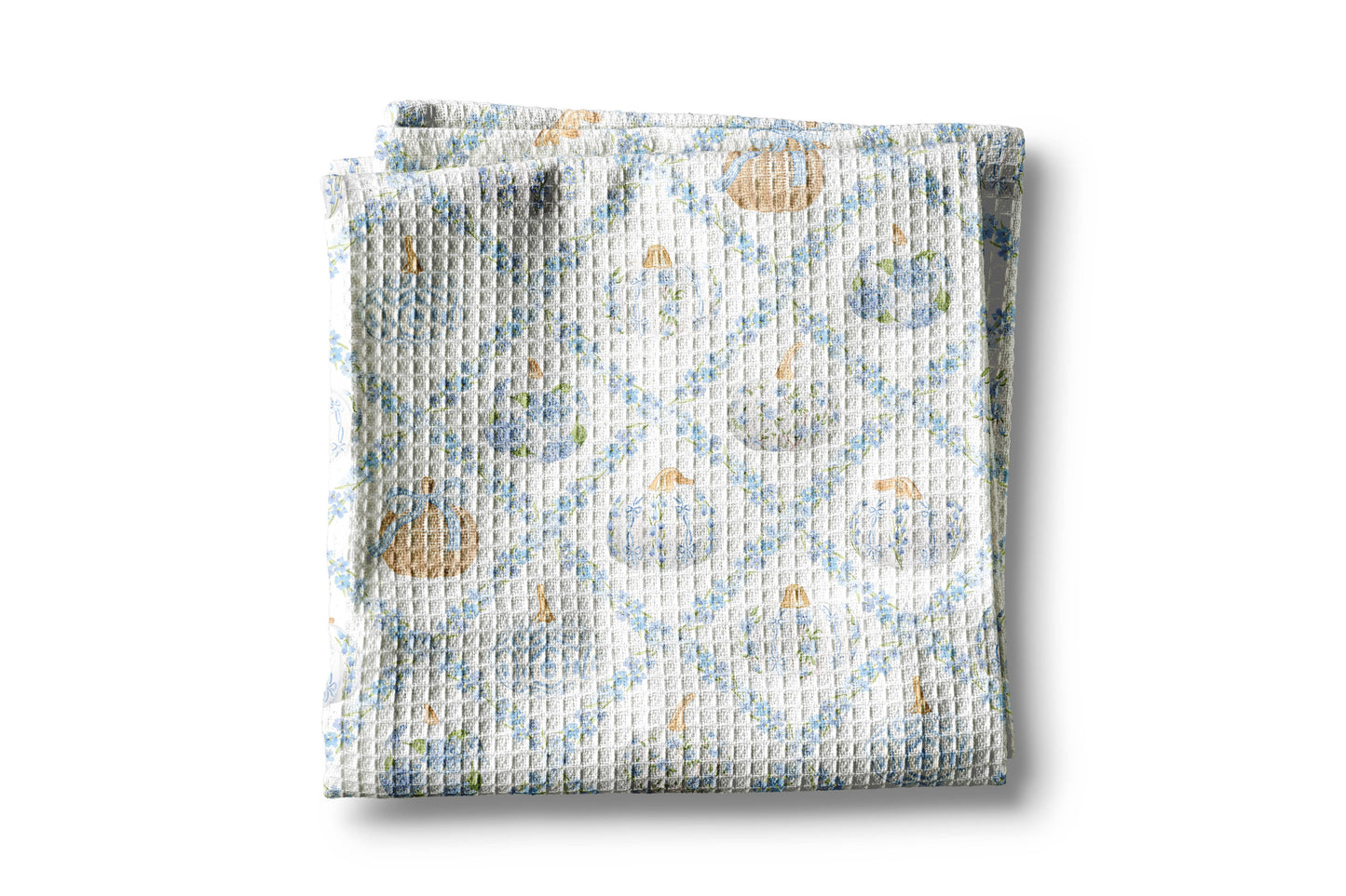 Blue Pumpkin Chinoiserie Fall Coastal Kitchen Towel Waffle