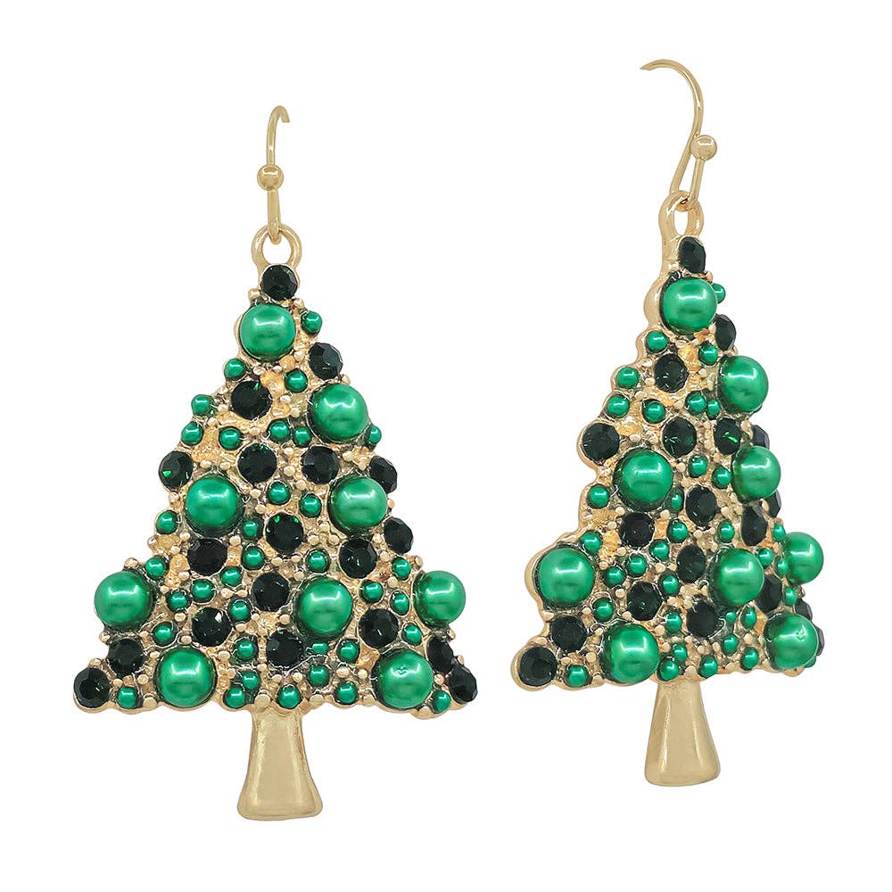 Gold Christmas Tree with Green Beads 1.75" Earring