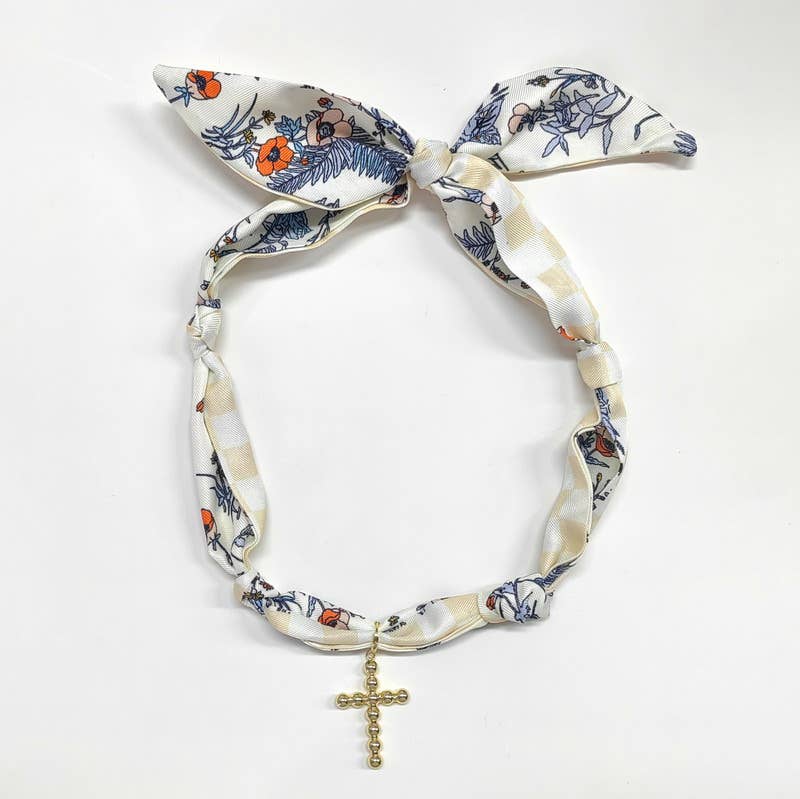 Scarf Necklace Beige/Navy with 1.25" Bubble Cross