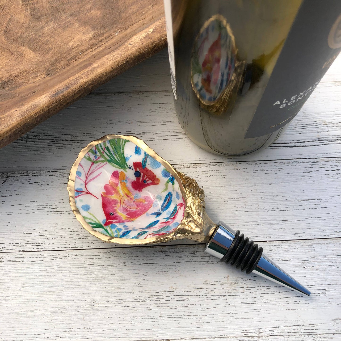 Oyster Shell Wine Stopper--Tropical Fish