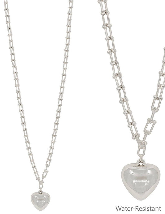 Water Resistant Silver 34" Chain with Puffy Heart Drop