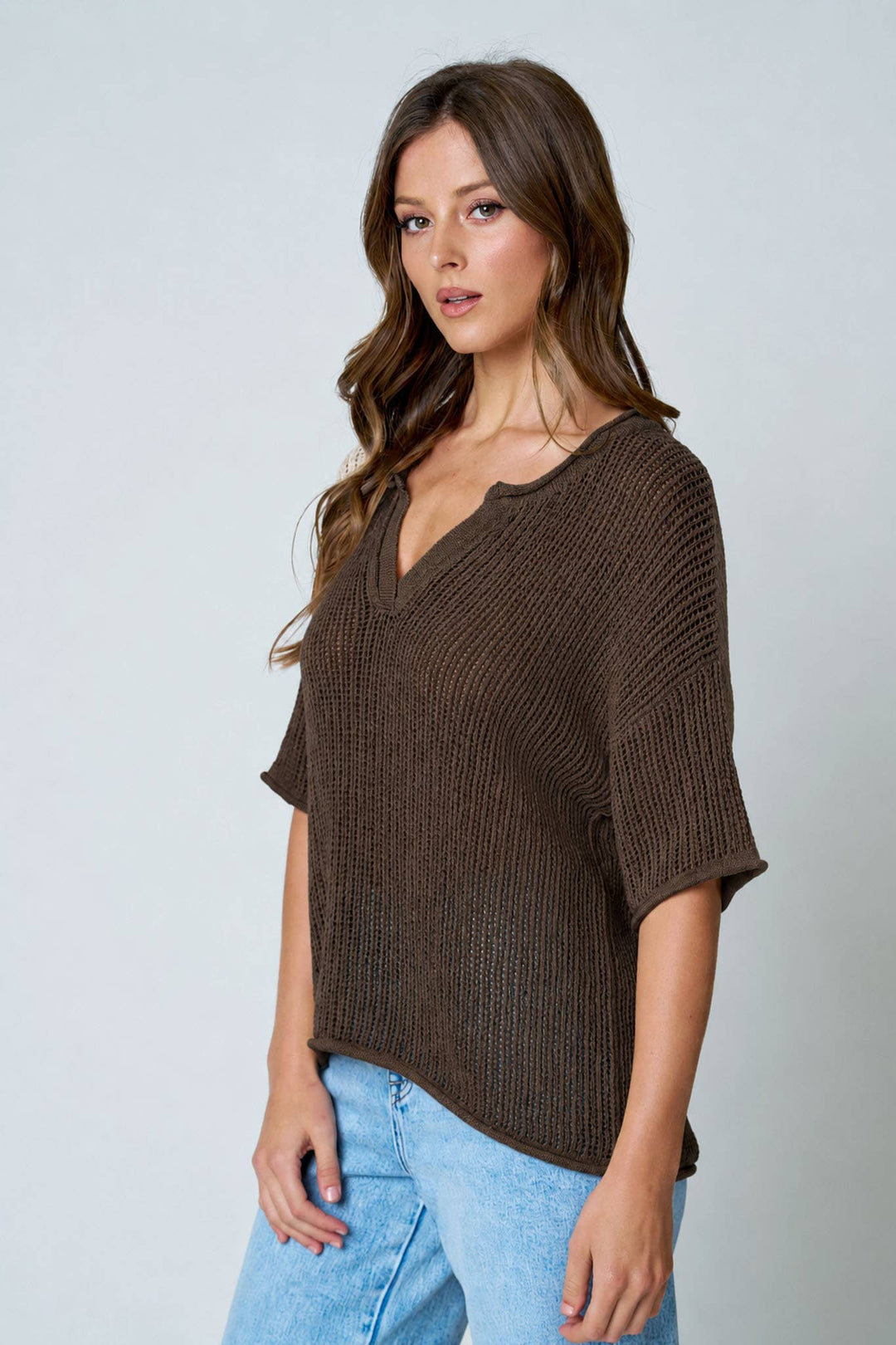 Split Neck Crochet Sweater (2 colors)