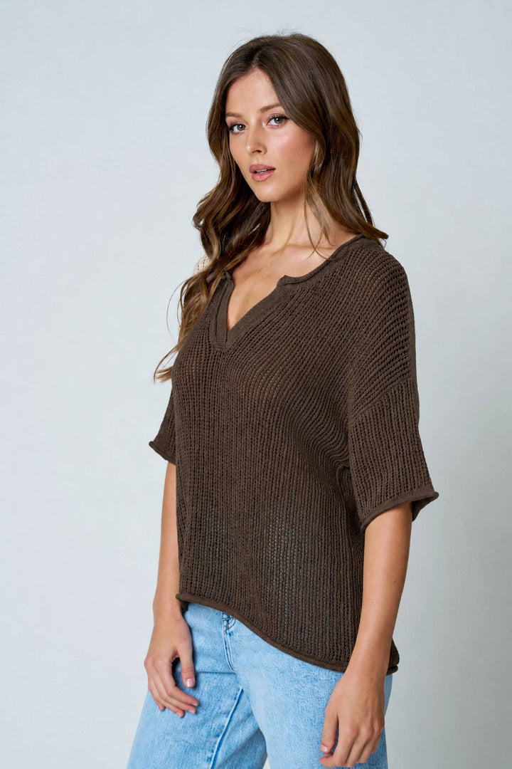 Split Neck Crochet Sweater (2 colors)