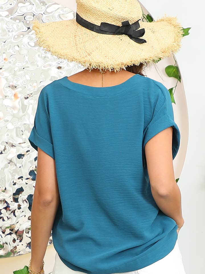 V-Neck Rolled Sleeve Blouse (4 colors)