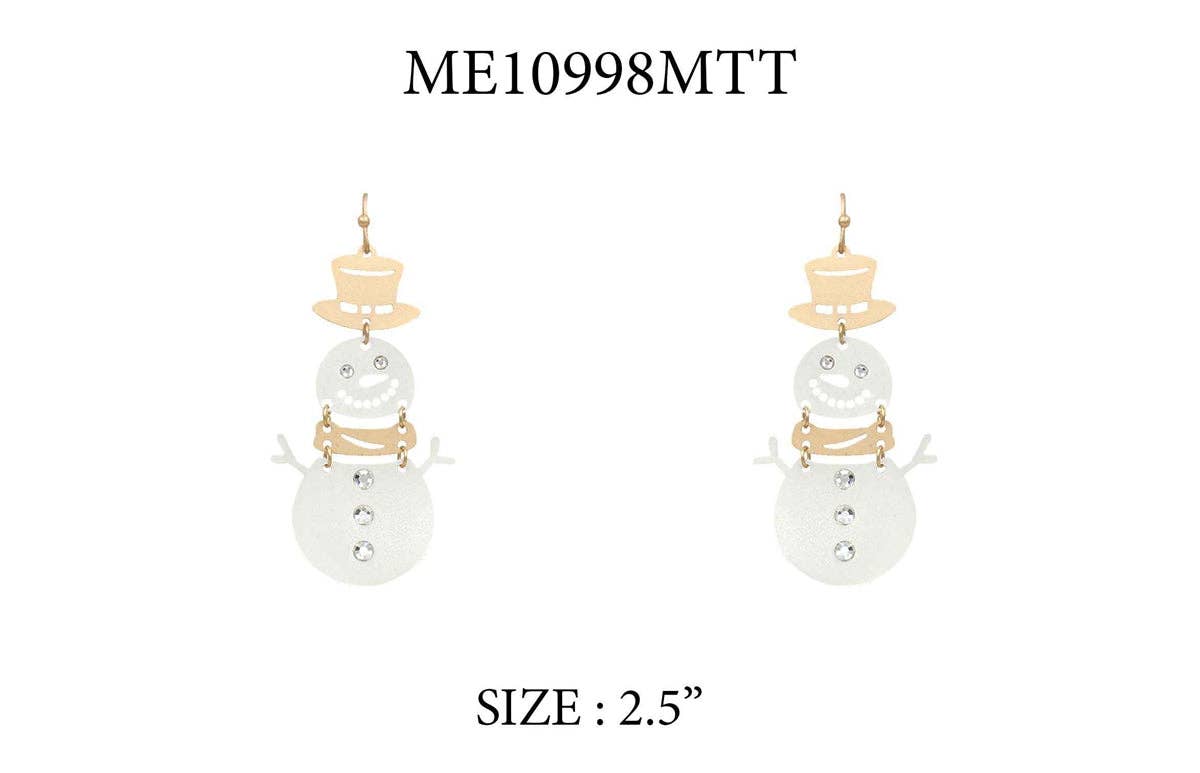 White and Gold Metal  Snowman 2.5" Earring