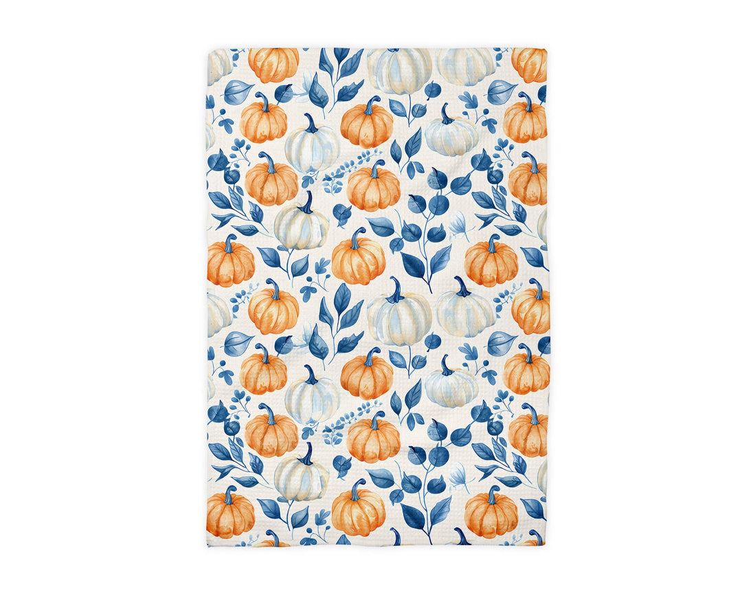 Blue Pumpkin Chinoiserie Fall Coastal Kitchen Towel Waffle