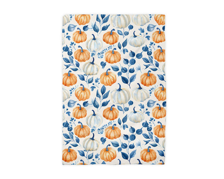 Blue Pumpkin Chinoiserie Fall Coastal Kitchen Towel Waffle
