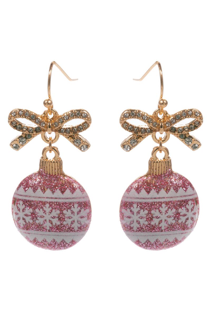 Gold Bow with Pink and White Glitter Ornament 2" Christmas Earring