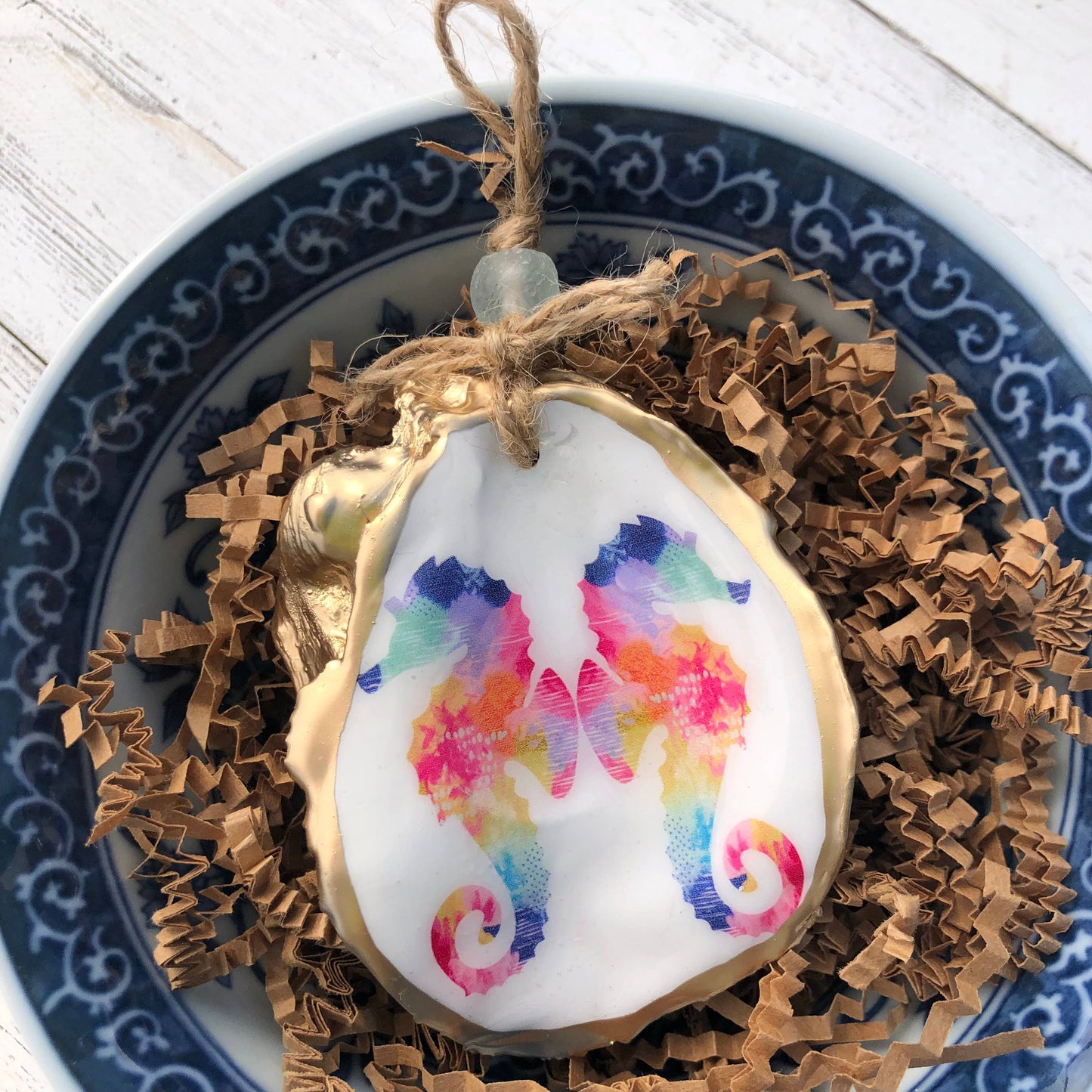 Decoupage Oyster Ornament | Watercolor Seahorse Print