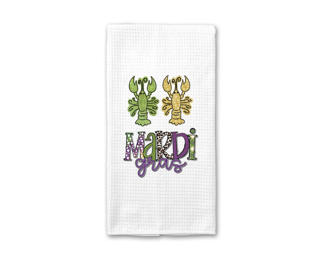 Two Crawfish Mardigras Kitchen Towel, Green Purple Tea Towel
