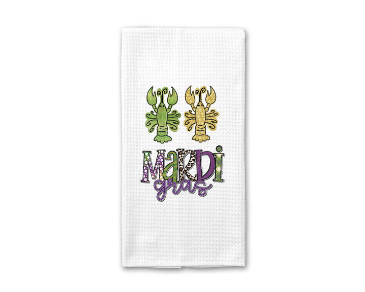 Two Crawfish Mardigras Kitchen Towel, Green Purple Tea Towel