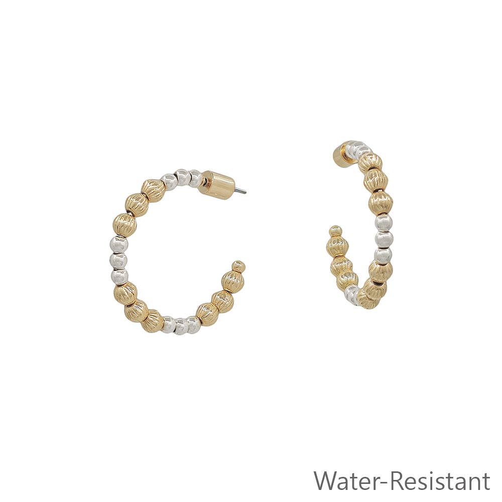 Water Resistant Graduated Gold and Silver Bead 1" Hoop Earring