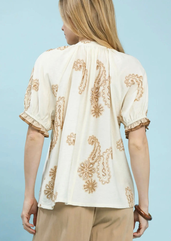 Paisley Embroidered Short Puff Sleeve Top