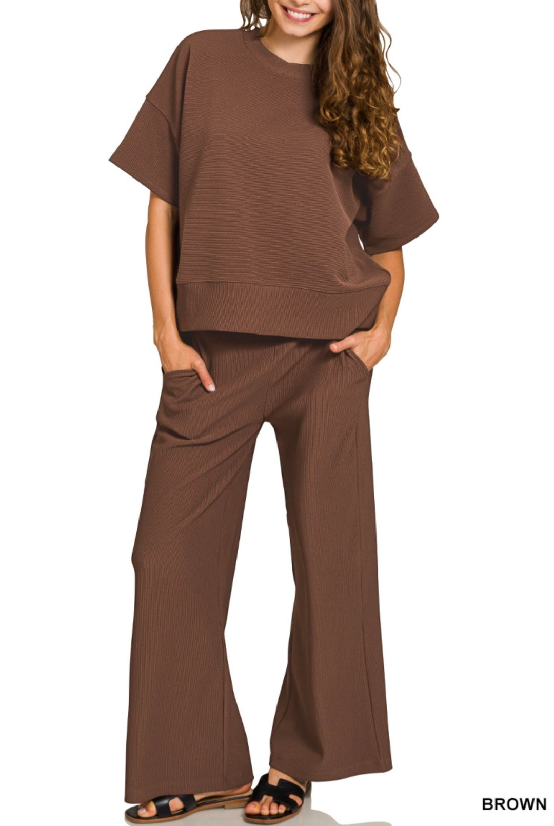 Ribbed around Neck Tee &amp; Pant Set (2 colors)