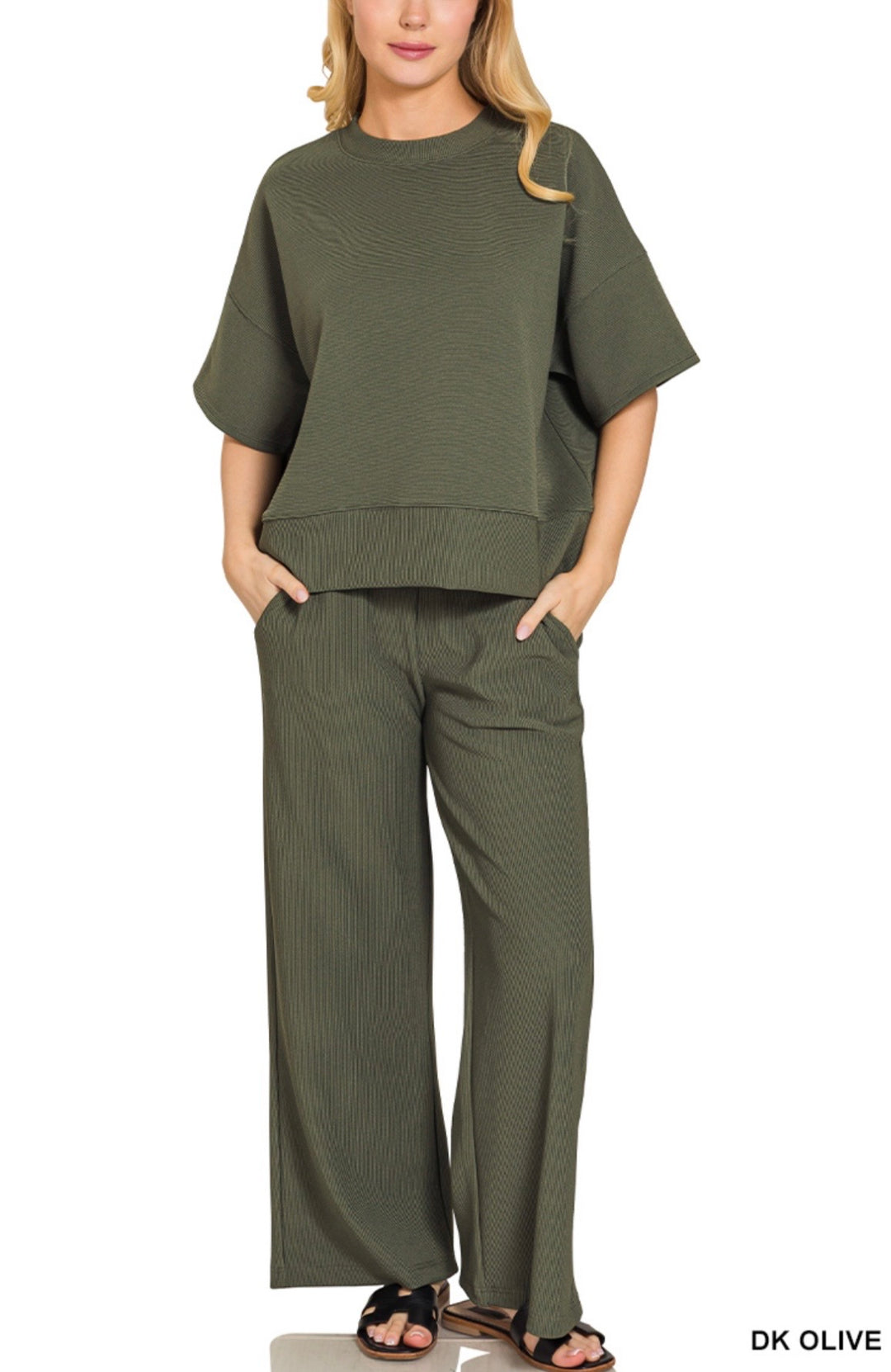 Ribbed around Neck Tee &amp; Pant Set (2 colors)