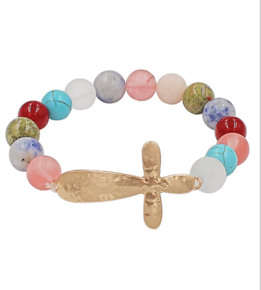 Semi Precious Stone & Cross Bracelet