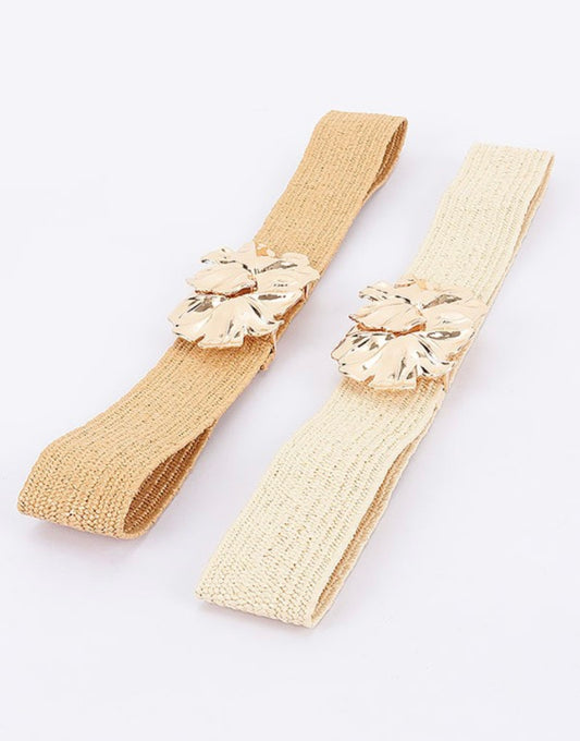 Plus Faux Straw Stretch Belt W/Flower
