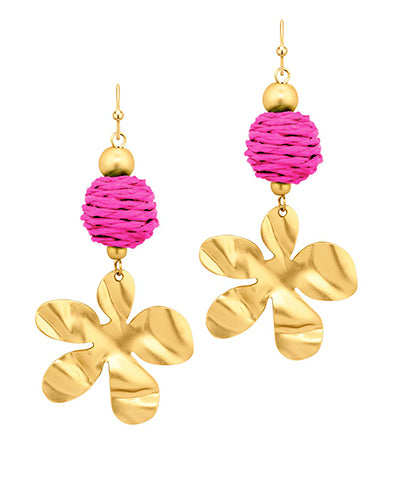 Flower w/Raffia Ball Earrings (4 colors)