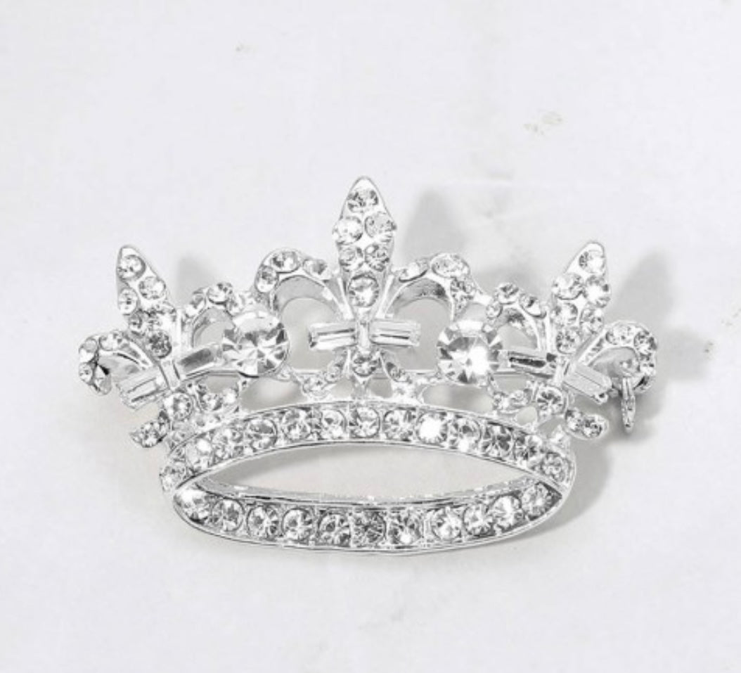 Rhinestone Paved Fleur de Lis Crown Pin Brooch
