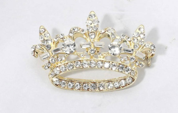 Rhinestone Paved Fleur de Lis Crown Pin Brooch