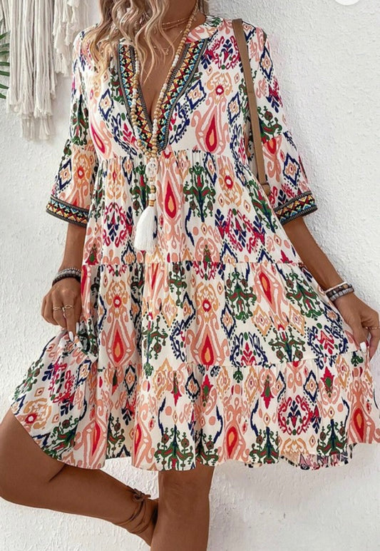 Abstract Bell Sleeve Dress