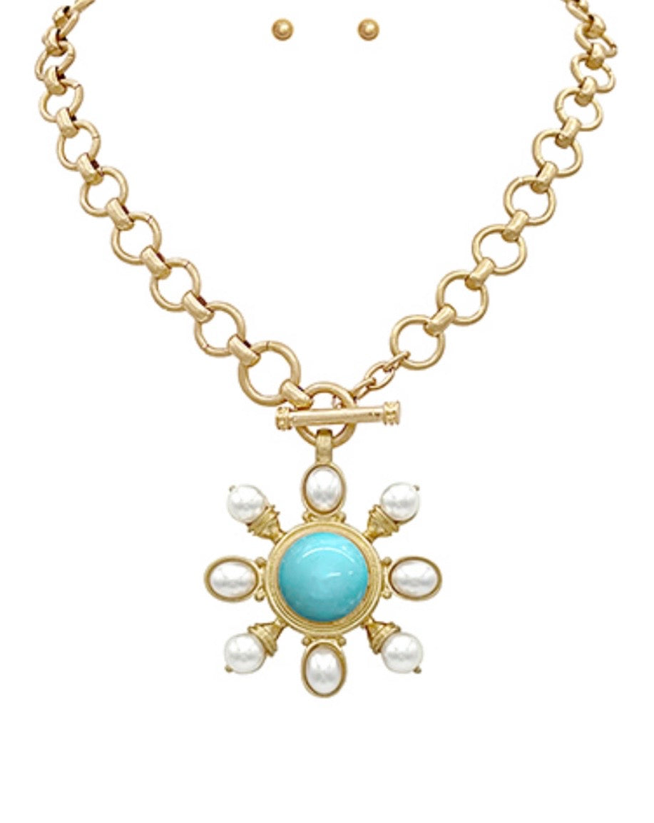 Pearl &amp; Round Stone Necklace