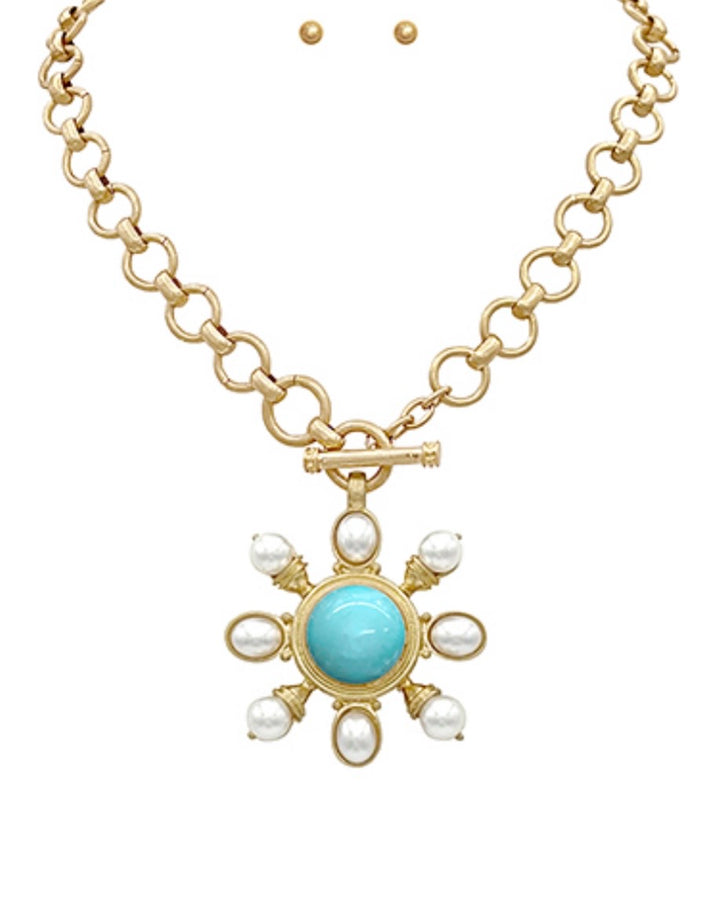 Pearl &amp; Round Stone Necklace