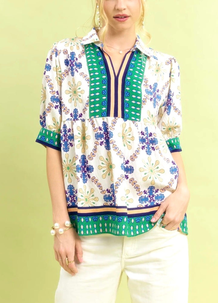 Mixed Print Babydoll Top