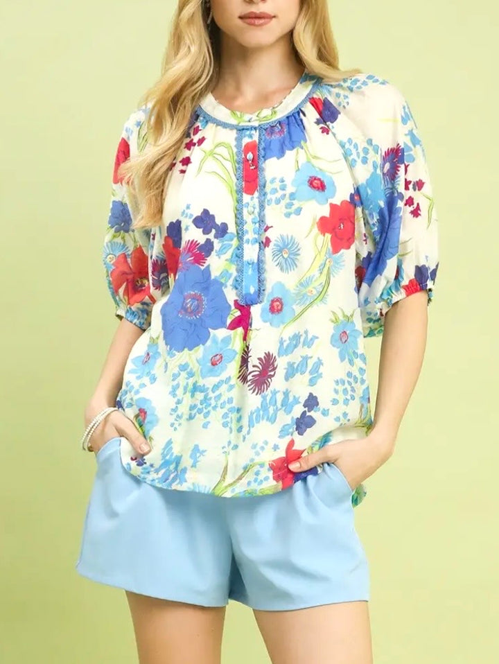 Red, White, &amp; Floral Blouse