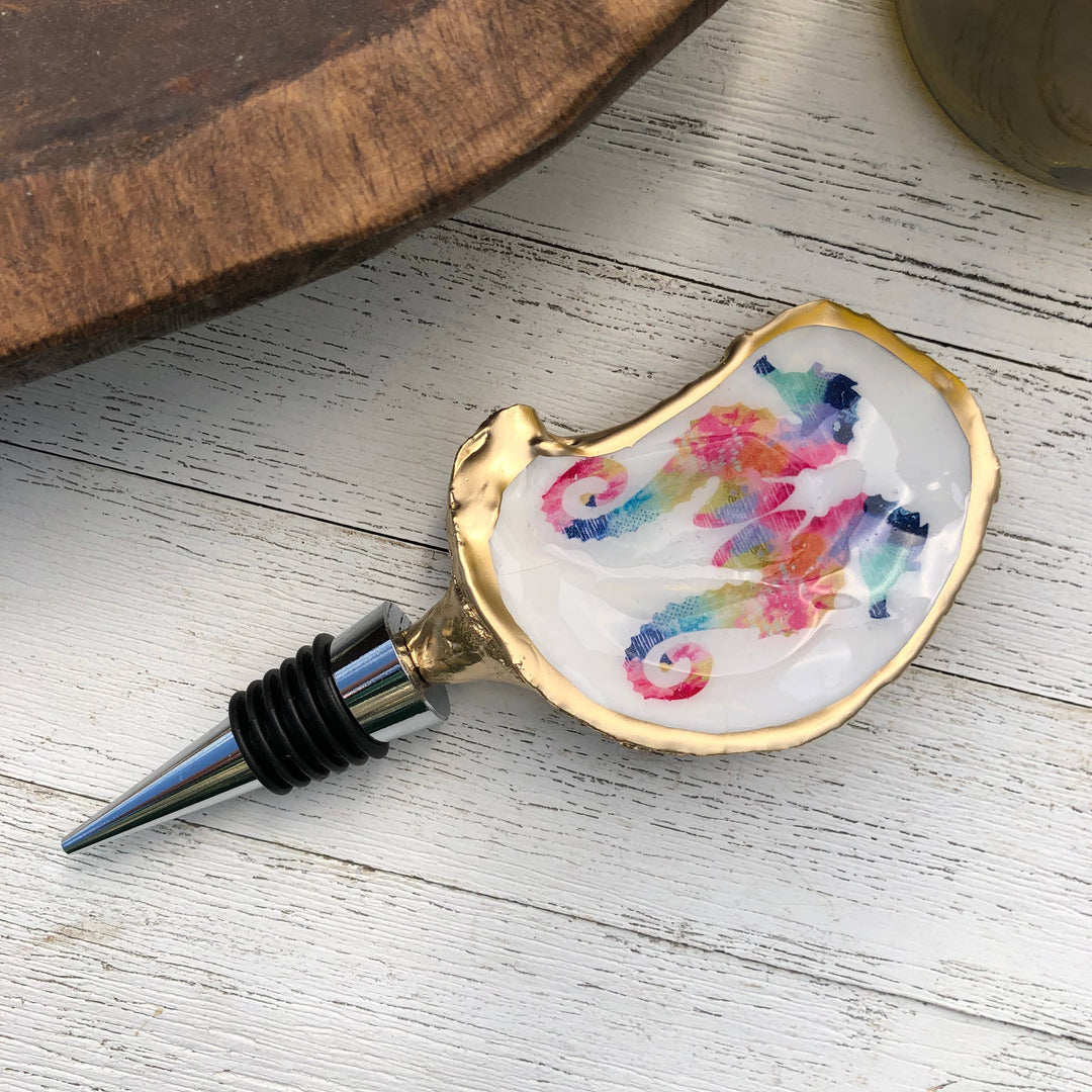 Oyster Shell Wine Stopper--Watercolor Seahorse