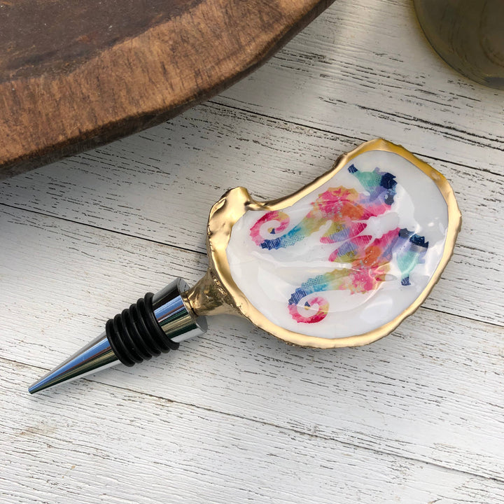 Oyster Shell Wine Stopper--Watercolor Seahorse