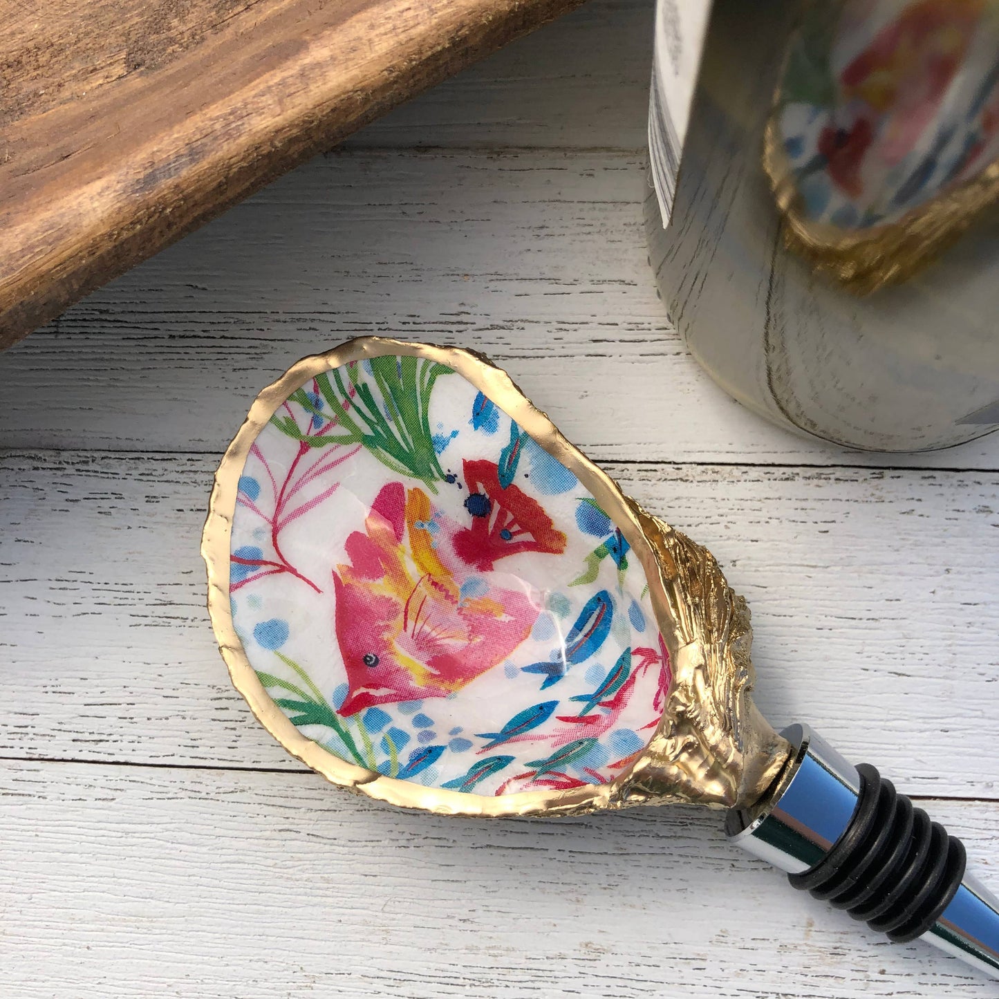 Oyster Shell Wine Stopper--Tropical Fish