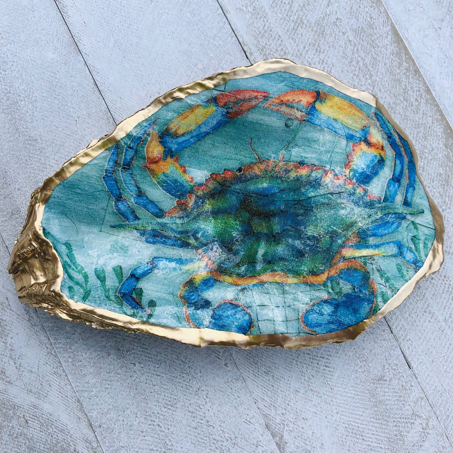 Decoupage Oyster Ring Dish--Blue Crab