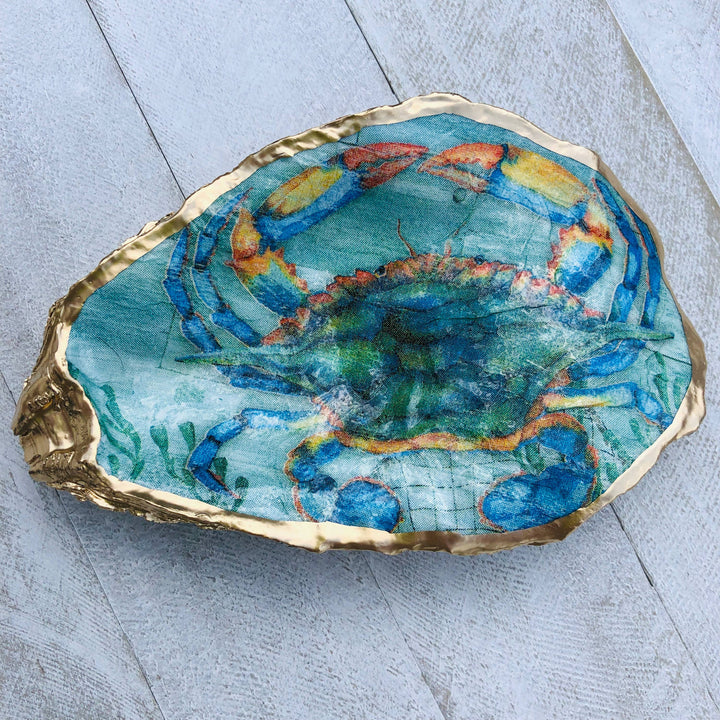 Decoupage Oyster Ring Dish--Blue Crab