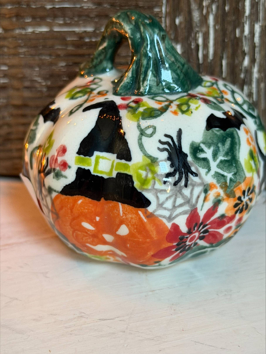 Polish Pottery mini pumpkin- cat/spider