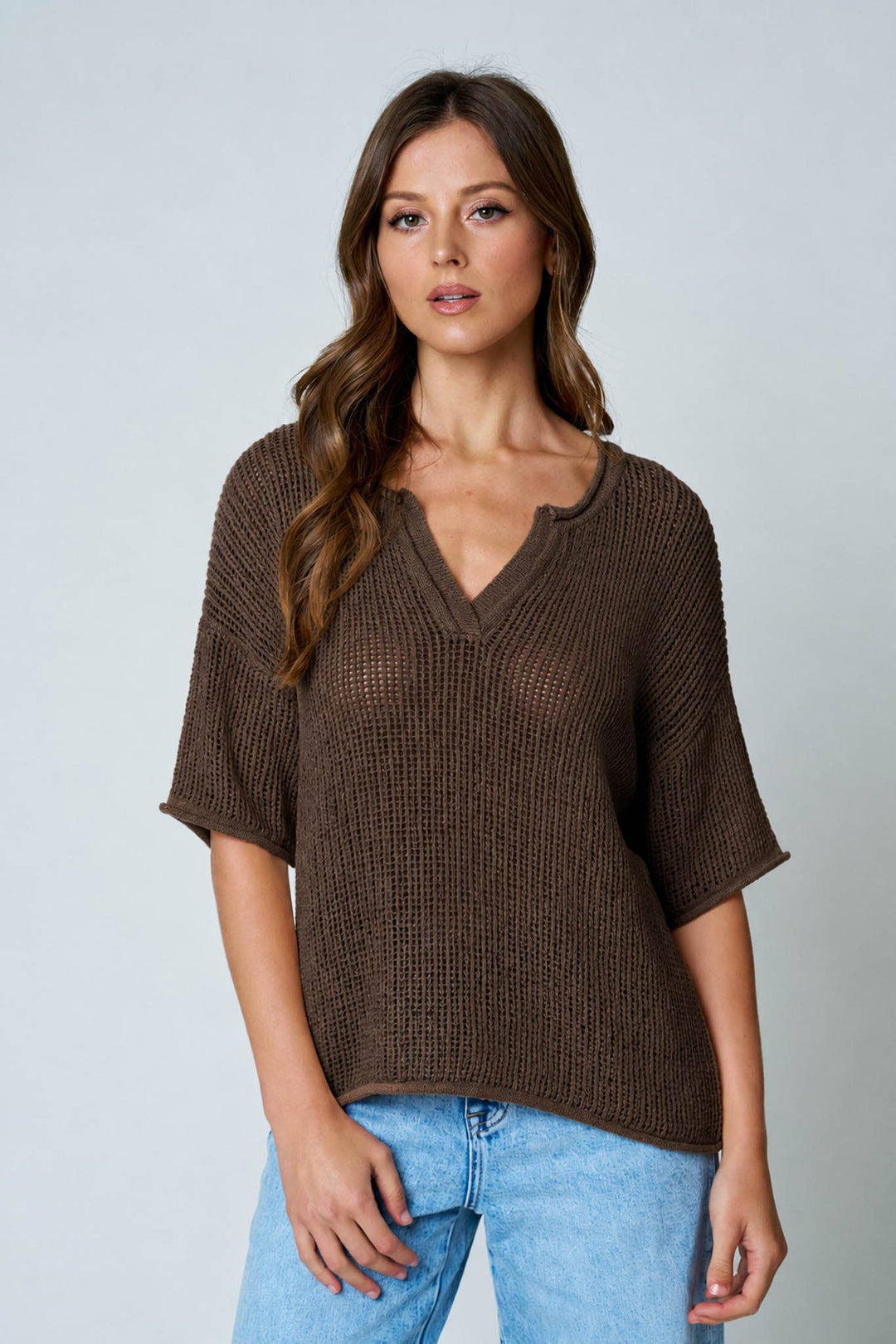 Split Neck Crochet Sweater (2 colors)