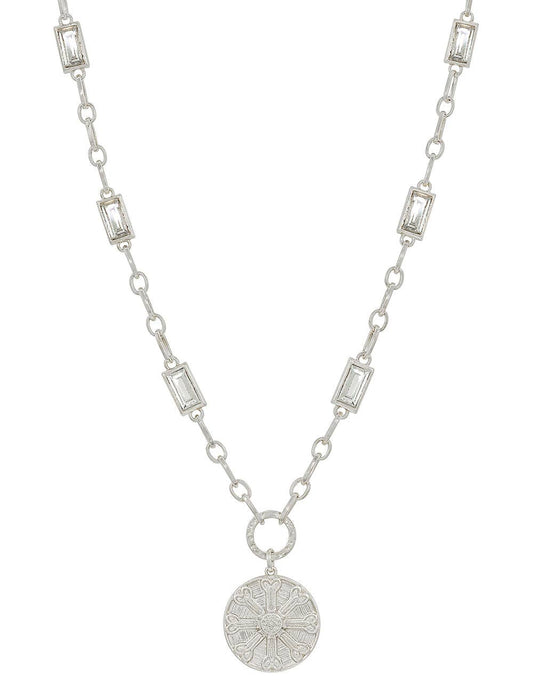 Silver with Clear Rectangle Crystal Chain and Silver Hammered Coin 16"-18" Necklace