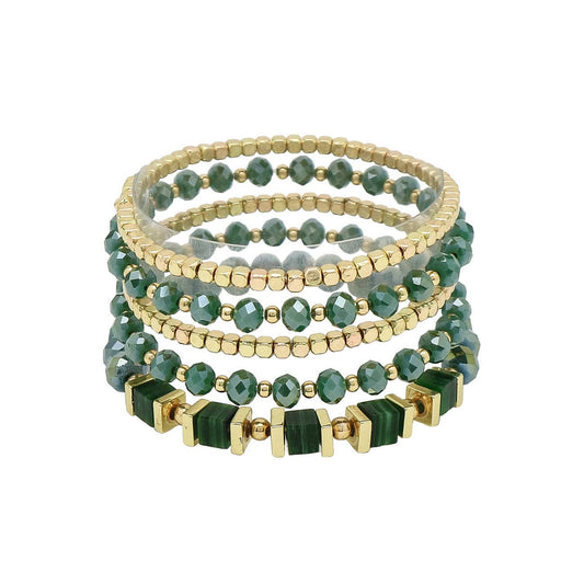 Emerald Green Crystal and Gold Set of 5 Stretch Bracelets