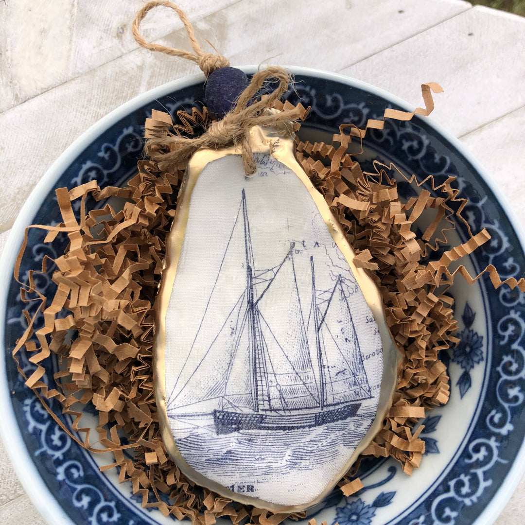 Decoupage Oyster Ornament | White Sailboat