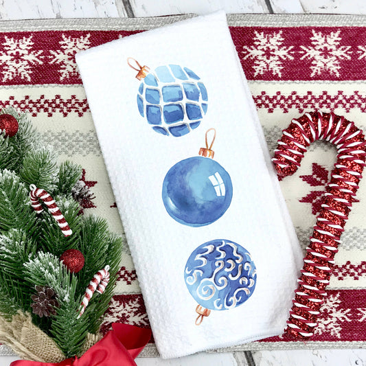 Christmas Blue Ornament Kitchen Towel Beach Coastal Nautical