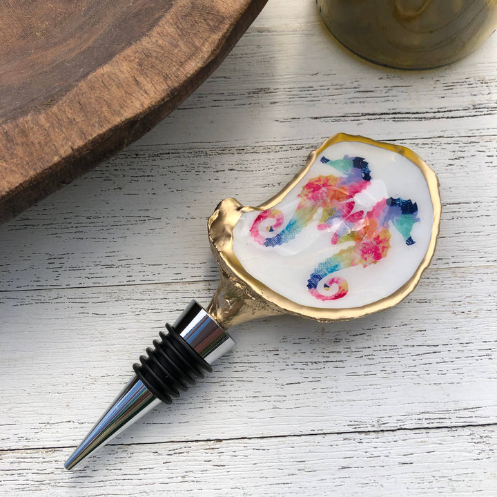 Oyster Shell Wine Stopper--Watercolor Seahorse