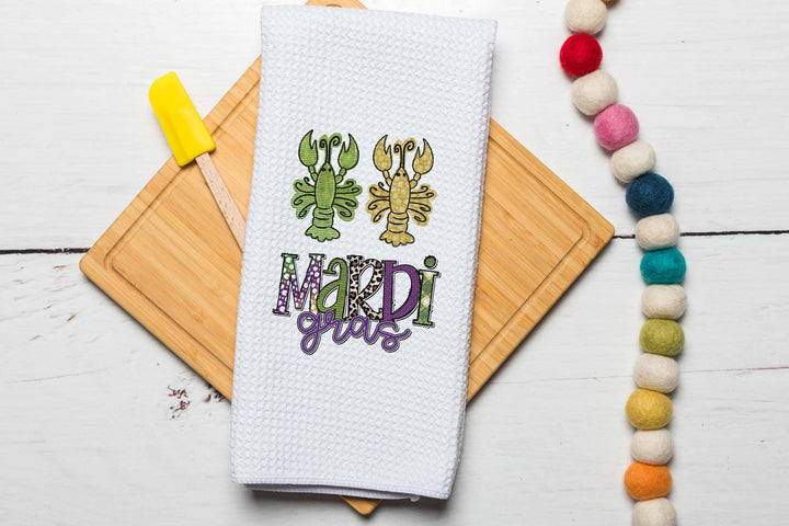 Two Crawfish Mardigras Kitchen Towel, Green Purple Tea Towel